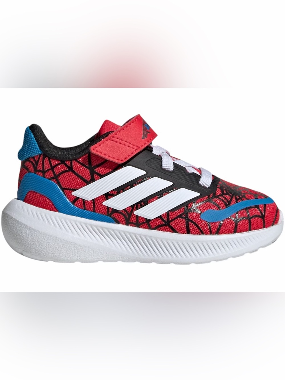 adidas Kids Red Spider-Print Sneakers with White Stripes and Blue Accents